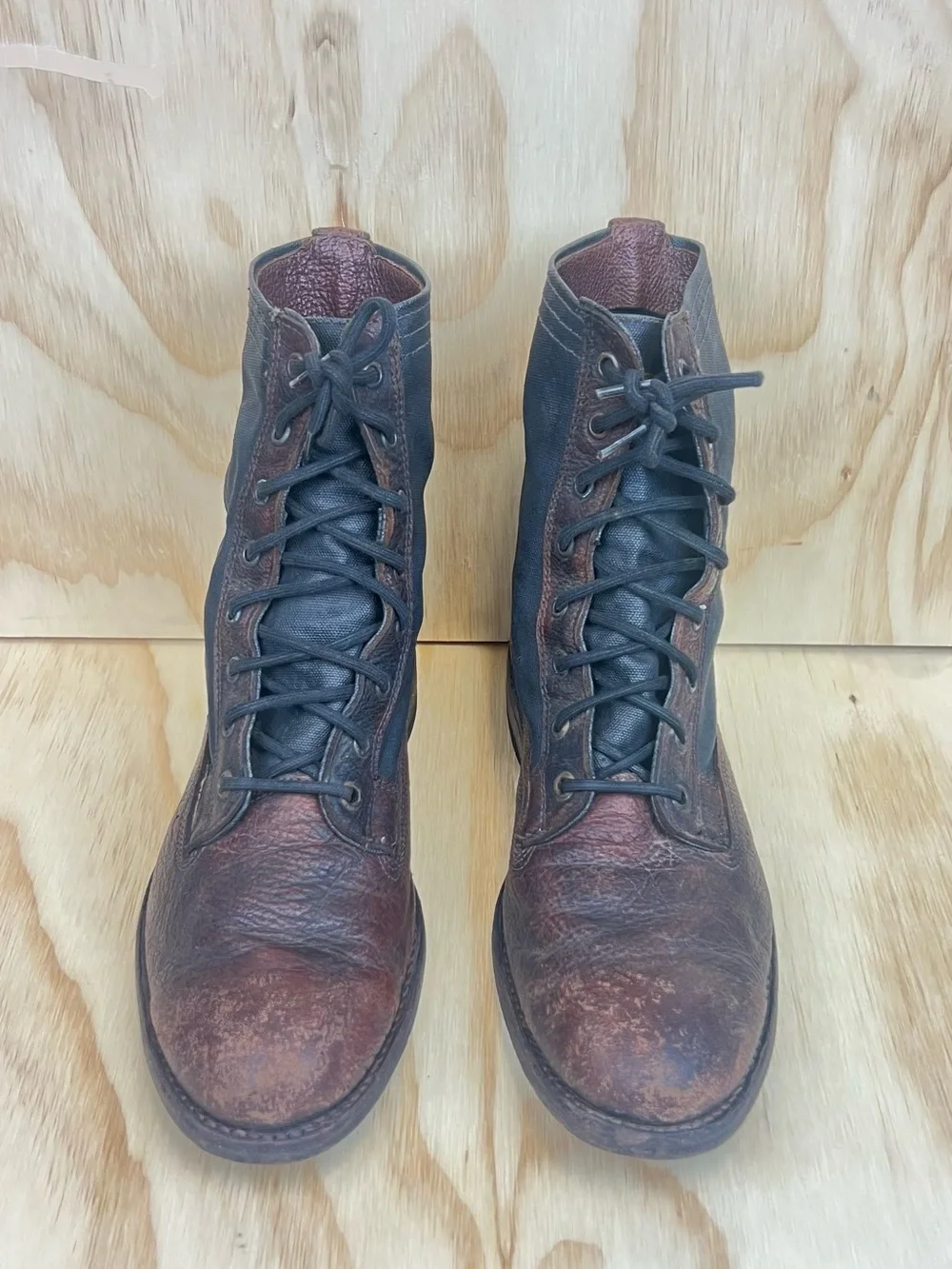 Frye Brown and Black Leather and Canvas Lace-Up Combat Boots